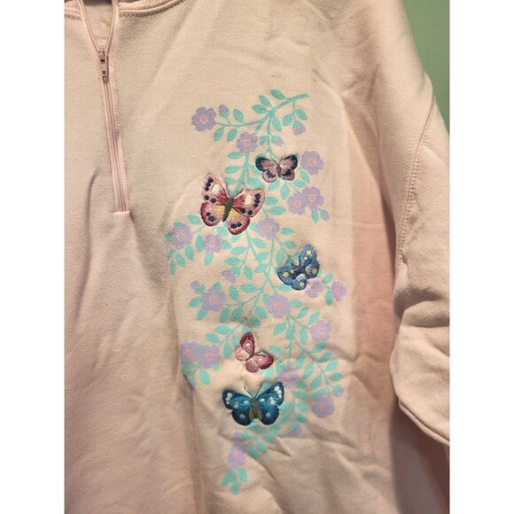 Vtg Top Stitch By Morning Sun Pink 1/4 Zip Embroidered Butterfly Sweatshirt 1X - Picture 2 of 9